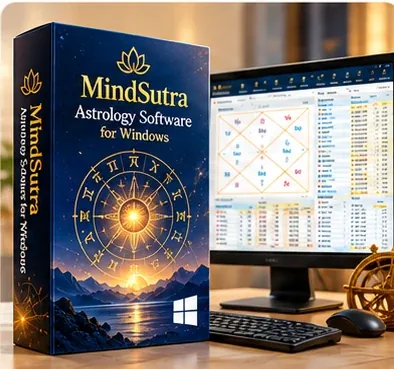 MindSutra Windows astrology software product box beside a desktop monitor displaying Kundali charts and calculations